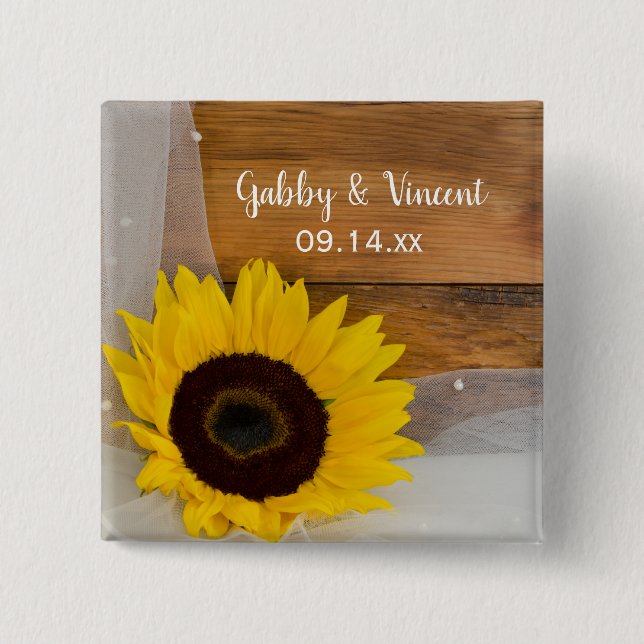 Rustic Sunflower and Bridal Veil Country Wedding 15 Cm Square Badge (Front)