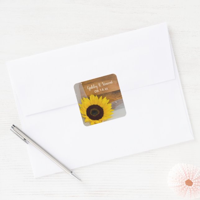 Rustic Sunflower and Bridal Veil Country Wedding Square Sticker (Envelope)