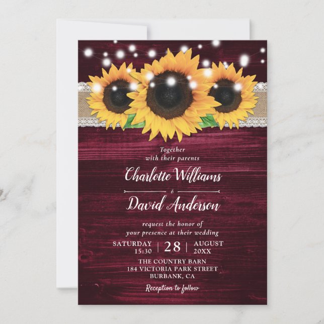 Rustic Sunflower and Burgundy Wedding Invitations (Front)