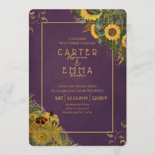Rustic Sunflower and Lace Purple Country Wedding Invitation