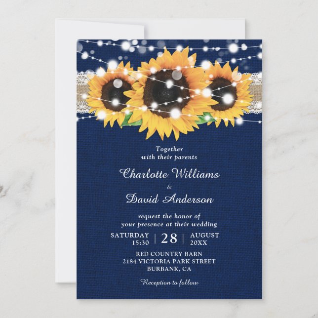 Rustic Sunflower and Navy Blue Wedding Invitations (Front)