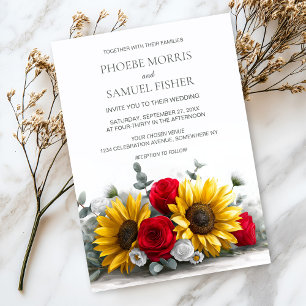 Rustic Sunflower and Red Rose Floral Wedding Invitation