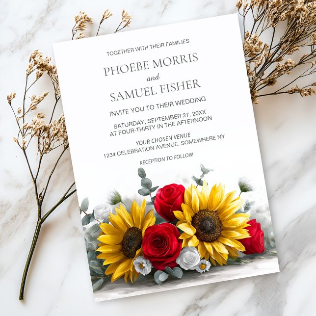 Rustic Sunflower and Red Rose Floral Wedding Invitation (Creator Uploaded)