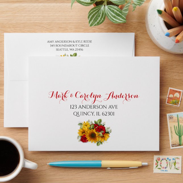 Rustic Sunflower and Red Roses Envelopes (Desk)