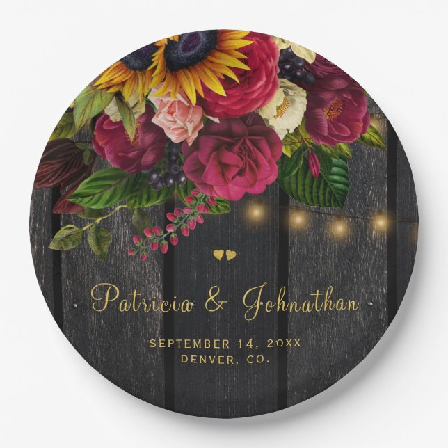 Rustic sunflower and roses custom wedding party paper plate (Front)