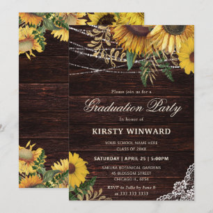 Rustic Sunflower and String Lights Graduation Invitation