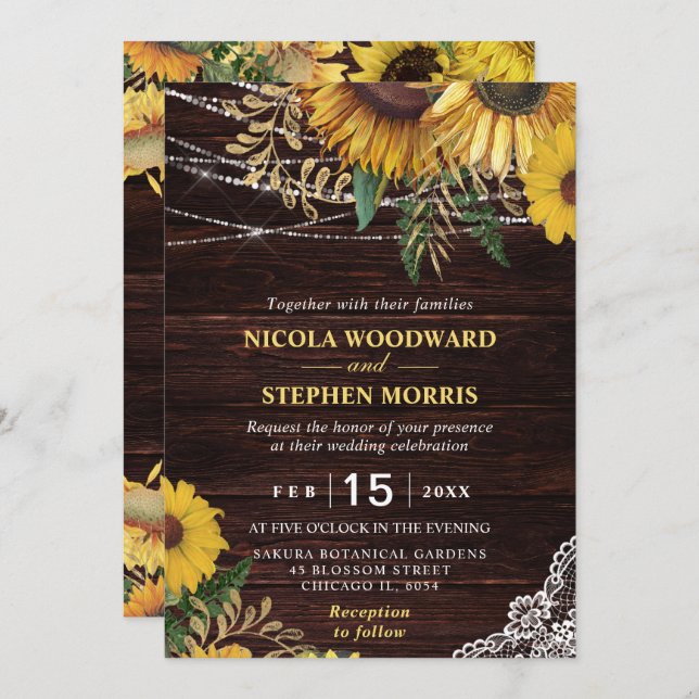 Rustic Sunflower and String Lights Wedding Invitation (Front/Back)