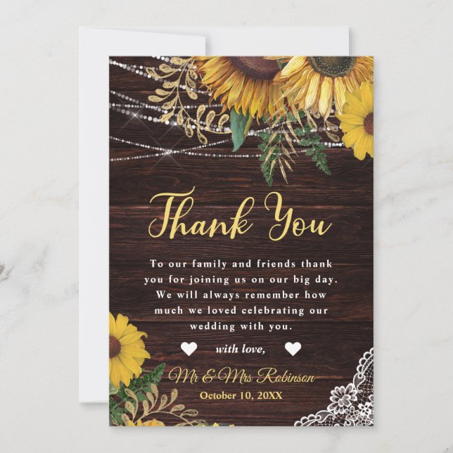 Rustic Sunflower and String Lights Wedding Thank You Card (Front)