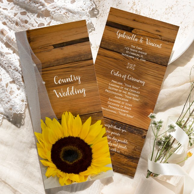 Rustic Sunflower and Veil Country Wedding Program Programme (Creator Uploaded)