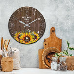 Rustic Sunflower and Wood Family Name Large Clock<br><div class="desc">Fun,  personalised design.  Makes the perfect gift for a housewarming,  wedding,  or any occasion!</div>