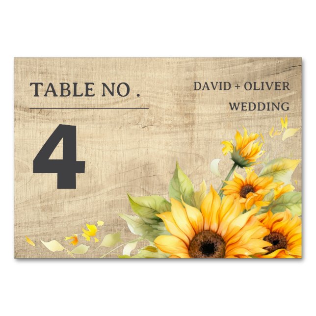 Rustic Sunflower And Wooden Background Wedding  Table Number (Front)