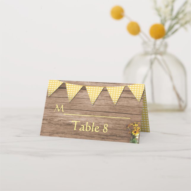Rustic Sunflower and yellow gingham wedding Place Card (Front)