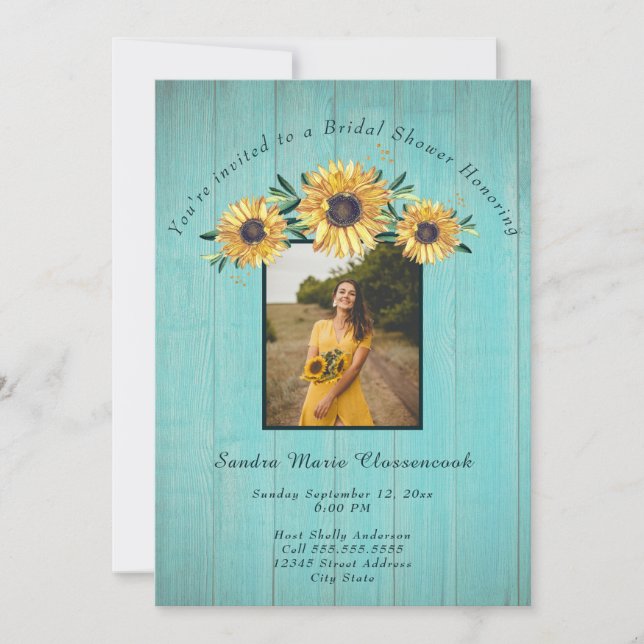Rustic Sunflower Aqua Wood Wedding Bridal Shower I Invitation (Front)