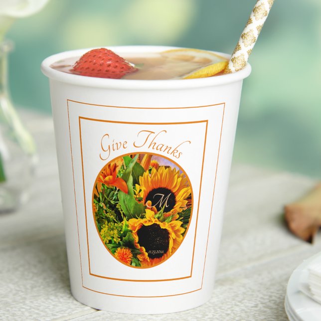 Rustic Sunflower Autumn Give Thanks Monogram Paper Cups (Creator Uploaded)