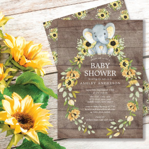 Rustic Sunflower & Baby Elephant Baby Shower Invitation