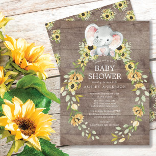Rustic Sunflower & Baby Elephant Girls Baby Shower Invitation