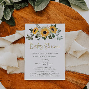Rustic Sunflower   Baby Shower and Gold Script Invitation