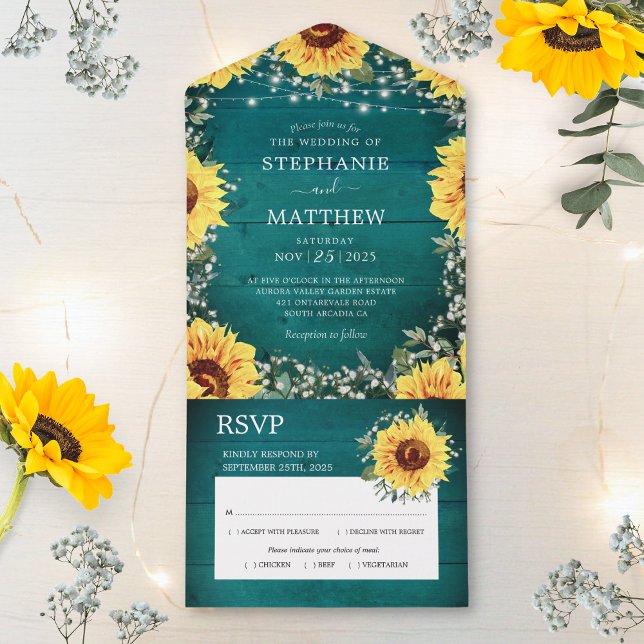Rustic Sunflower Babys Breath Border Teal Wedding All In One Invitation (Creator Uploaded)