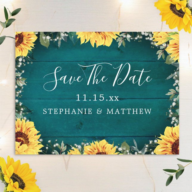 Rustic Sunflower Babys Breath Border Teal Wedding Save The Date (Creator Uploaded)