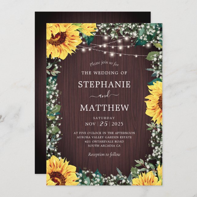 Rustic Sunflower Babys Breath Lights Wedding Invitation (Front/Back)