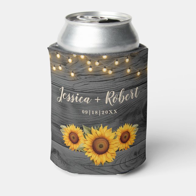 Rustic Sunflower Barn Wedding Can Cooler (Can Back)