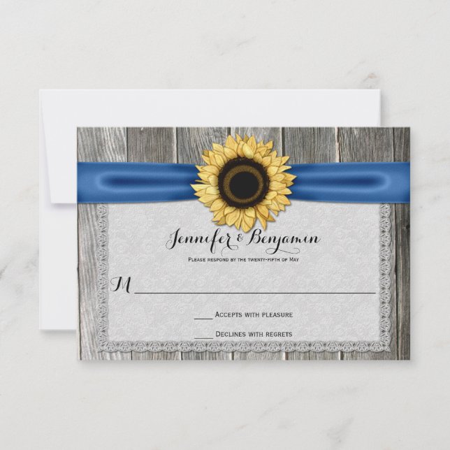 Rustic Sunflower Barn Wood Blue Ribbon RSVP Card (Front)