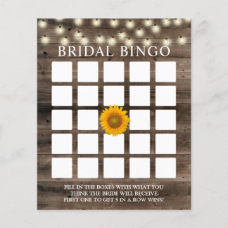 Rustic Sunflower Barn Wood Bridal Bingo Game Cards