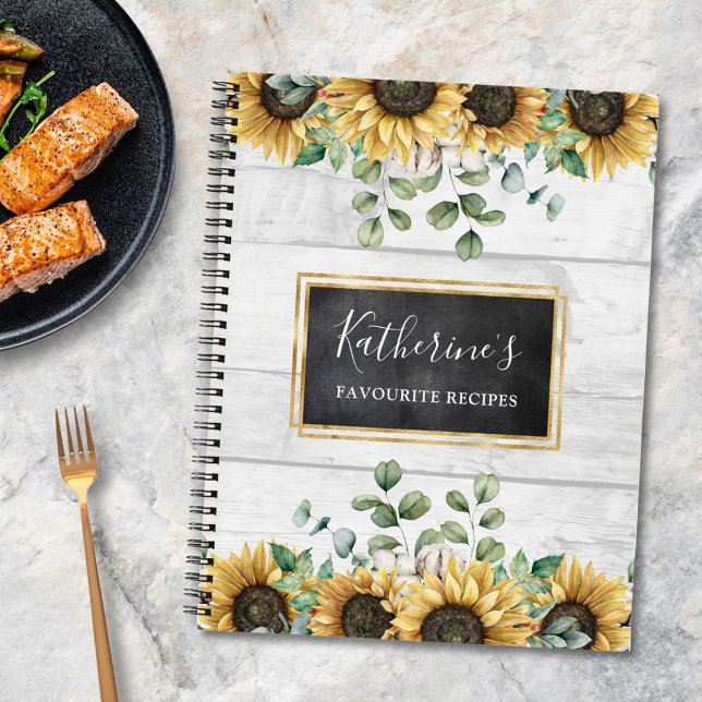 Rustic Sunflower Barn Wood Country Recipe Book (In situ on kitchen table)