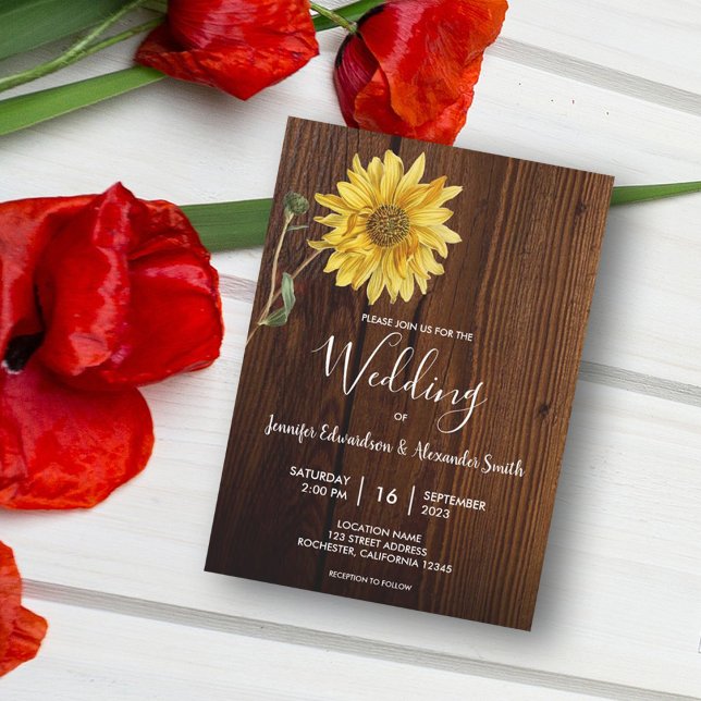 Rustic sunflower barn wood country wedding invitation (Creator Uploaded)