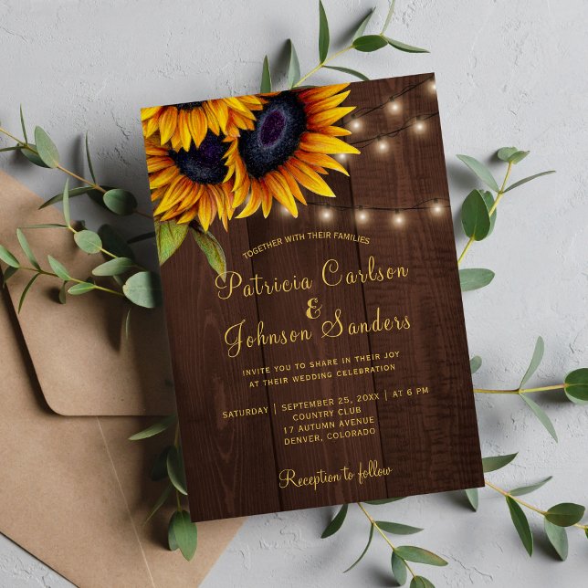 Rustic sunflower barn wood lights wedding invitation (Creator Uploaded)