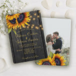 Rustic sunflower barn wood photo wedding invitation<br><div class="desc">Elegant chic summer or fall wedding stylish invitation template on dark brown barn wood featuring a beautiful sunflowers bouquet and strings or twinkle lights. Personalise it with your details on the front side and with your photo on the reverse. The invitation is suitable for elegant summer or autumn fall rustic...</div>