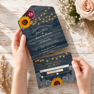 Rustic Sunflower Barn Wood String Lights Wedding All In One Invitation