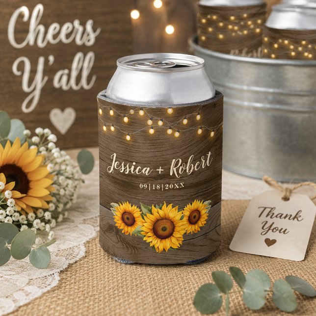 Rustic Sunflower Barn Wood String Lights Wedding Can Cooler (Rustic Sunflower Wedding Can Cooler)