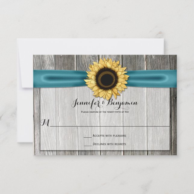 Rustic Sunflower Barn Wood Teal Ribbon RSVP Card (Front)