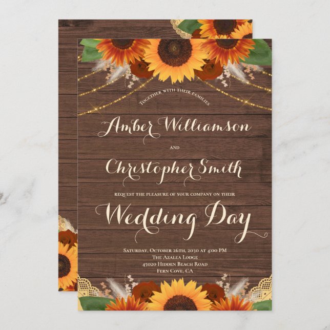 Rustic Sunflower Barn Wood Terracotta Rose Wedding Invitation (Front/Back)