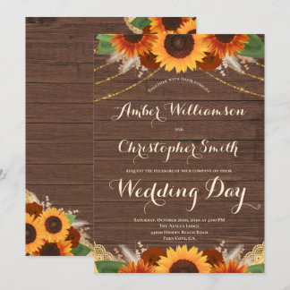Rustic Sunflower Barn Wood Terracotta Rose Wedding Invitation