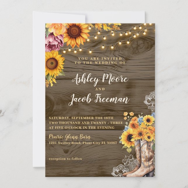 Rustic Sunflower Barn Wood Wedding Invitation (Front)