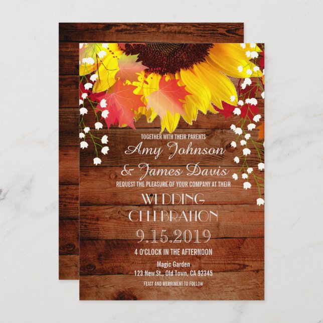 Rustic Sunflower Barn Wood Wedding Invitations (Front/Back)