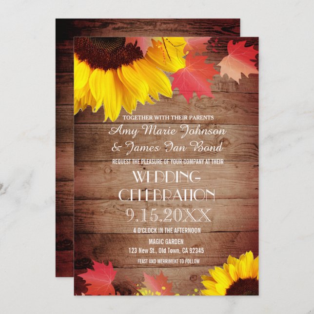Rustic Sunflower Barn Wood Wedding Invitations (Front/Back)