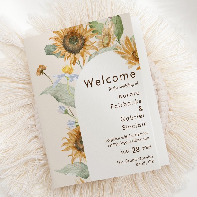 Rustic Sunflower Beige Arch Wedding Folded Programme (Creator Uploaded)