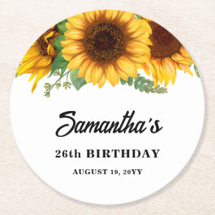 Rustic Sunflower Birthday Round Paper Coaster