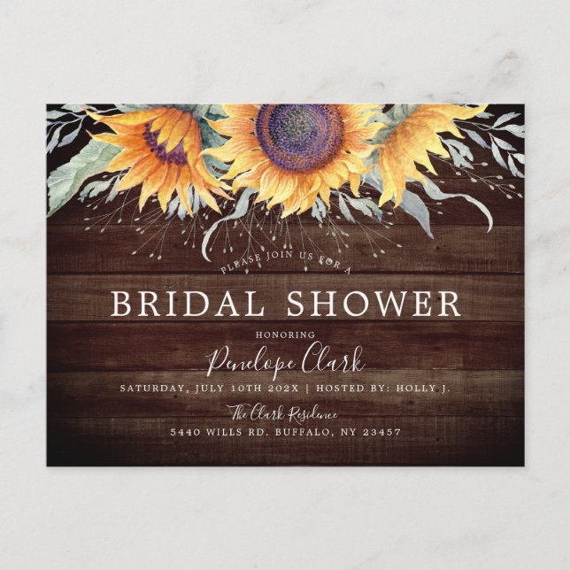 Rustic Sunflower Bloom | Floral Bridal Shower Postcard (Front)