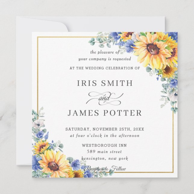 Rustic Sunflower Blue Floral Gold Wedding Square  Invitation (Front)