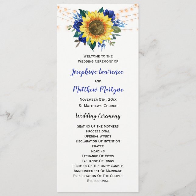 Rustic Sunflower Blue Floral Lights Wedding Programme (Front)