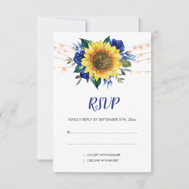 Rustic Sunflower Blue Floral Lights Wedding RSVP Card (Front)