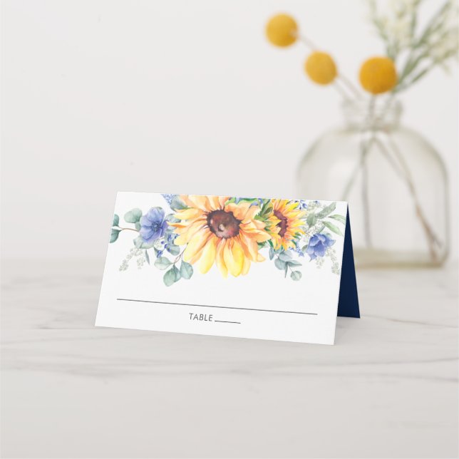Rustic Sunflower Blue Floral Wedding Guest Name  Place Card (Front)