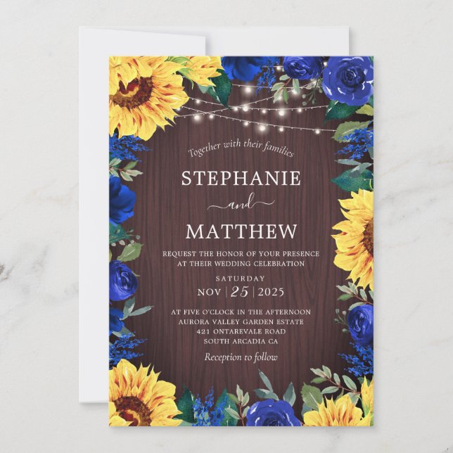 Rustic Sunflower Blue Lights Wood Wedding Invitation (Front)