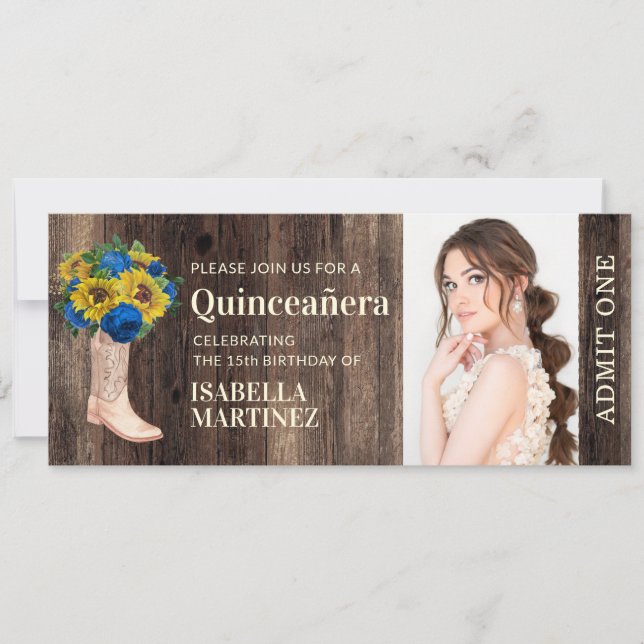 Rustic Sunflower Blue Rose Boot Quinceañera Ticket Invitation (Front)