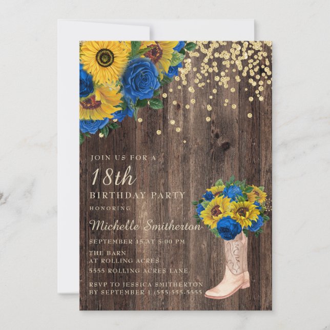 Rustic Sunflower Blue Roses Boots 18th Birthday Invitation (Front)