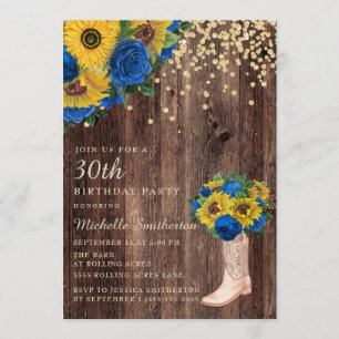 Rustic Sunflower Blue Roses Boots 30th Birthday Invitation
